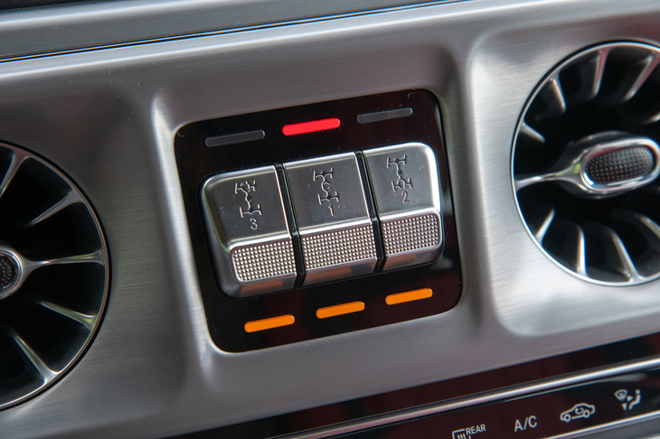 オンロードでの動力性能を追求した「G63」だが、そこは「Gクラス」。悪路での走破性を高める、3つのデフロックやローレンジなどの装備は残されている。