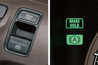 新型「ホンダN-WGN」に装備される電動パーキングブレーキ（EPB）のスイッチ。同車や「日産デイズ／三菱eK」では、停車時にEPBのオートブレーキホールド機構によって車両の停止状態を保持できるが、「ダイハツ・タント」のパーキングブレーキは電動制御が介在しない機械式となるため、パーキングブレーキによって車両を停止状態に保つことができないのだ。