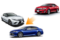 先代（右上）と現行型（左下2台）の「トヨタ・カムリ」。同車は2017年のフルモデルチェンジで、スポーティー路線へと一気に舵（かじ）を切った。