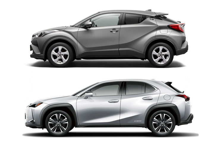 「トヨタC-HR」（上）と「レクサスUX」（下）のサイドビュー。ボディーサイズで言えば、全高はほぼ同じで全長、全幅についてはUXの方がひとまわり大きい。