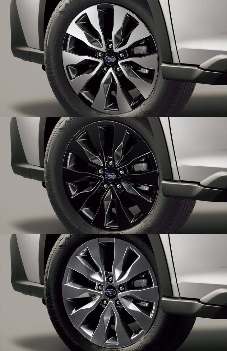 上から「リミテッドEX」「X-BREAK EX」「リミテッドEX“アクティブ×ブラック”」の18インチアルミホイール。