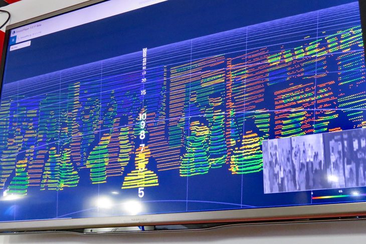 2019年の「人とクルマのテクノロジー展」より、LiDARが捉えた来場者の様子。モービルアイの技術を用いれば、これに近い詳細な状況認知がミリ波レーダーでも可能となる。