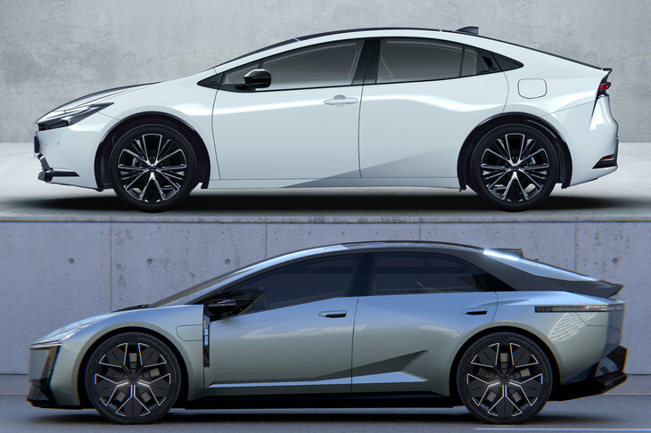 「プリウス」（上）と「カローラ コンセプト」（下）のサイドビュー。シルエットはほぼ相似形といっていい。