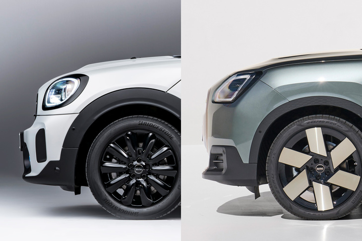 新旧2モデルの横顔を見ると、旧型の「MINIクロスオーバー」がバンパーのみを出っ張らせているのに対し、新型の「MINIカントリーマン」は顔全体が前にせり出している。