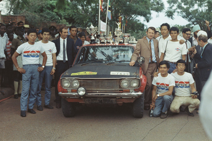 参戦8年目の1970年にサファリラリー初優勝を果たした日産。「ブルーバード」「フェアレディZ」「バイオレット」とマシンを替えつつ、優勝を重ね続けた。