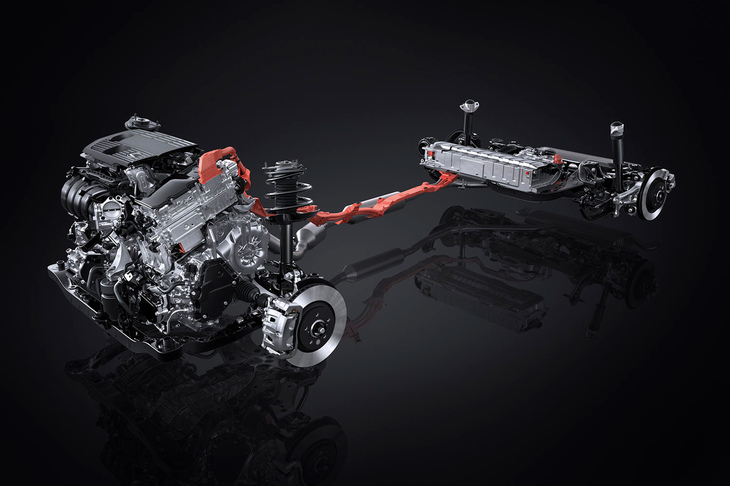 「NX350h」のパワートレインは、2.5リッター直4自然吸気エンジンとハイブリッドシステム「THS II」の組み合わせ。駆動方式はFFと4WDから選択可能で、後者には前後輪の駆動力を100：0から20：80の間で制御するリアモーター方式の4WD「E-Four」が採用される。