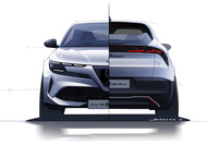 ボブ・ロムケス氏は「三眼ヘッドランプや盾型のグリルとった伝統の意匠はアルファ・ロメオらしさの表現には欠かせないキービジュアルです」と「ジュニア」のデザインを説明。デザインスケッチでは、台形のフォルムやワイドなスタンスが強調されている。