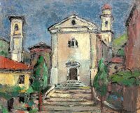 《洗礼者ヨハネ教会》　油彩、ペインティングナイフ、ハードボード、114×98cm　1962年。ベルトーネ在籍時代の作品である。
