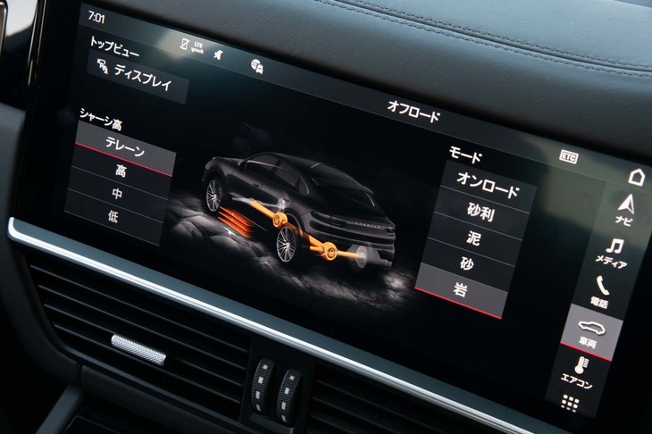 センタースクリーンを介してオフロードモードも設定できる。センターとリアはデフロックが可能。
