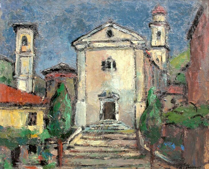 《洗礼者ヨハネ教会》　油彩、ペインティングナイフ、ハードボード、114×98cm　1962年。ベルトーネ在籍時代の作品である。