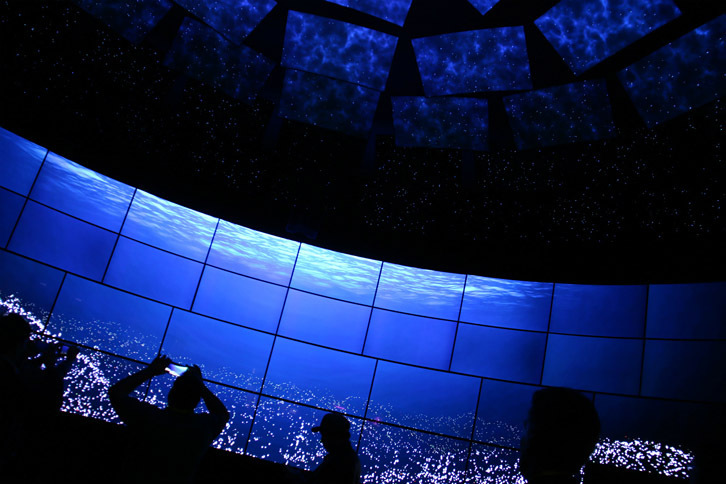 LGエレクトロニクスとサムスン電子のブースは、会場の中でも群を抜いて力が入っている。これはLGエレクトロニクス。おびただしい数のUHDテレビをプラネタリウム風に配置し、映像の質感の高さを誇示した。