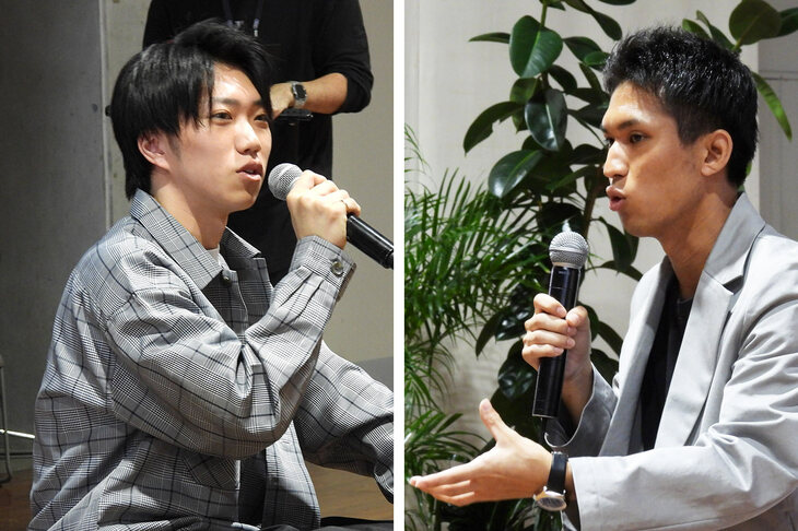 藤井ゼミの古草凌雅氏（写真左）と古木秀馬氏（同右）。相手に選択の自由を残しながらよりよい選択を促すという、「ナッジ理論」を活用した古着の回収プロジェクトを進めている。