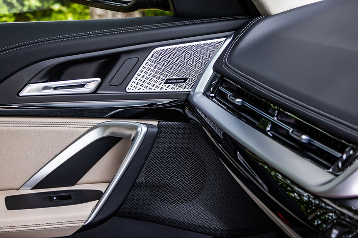 出力205Wのharman/kardonオーディオは、28万3000円の有償オプション「ハイラインパッケージ」に含まれるアイテム。金属調の加飾が施された立体的なドアインナーハンドルが採用されるのも新型「X1」の特徴だ。