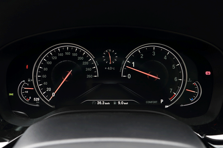 メーターは今はやりのデジタル式ではなく、アナログの2眼式。走行モードに応じて、表示の内容やデザインが切り替わる。