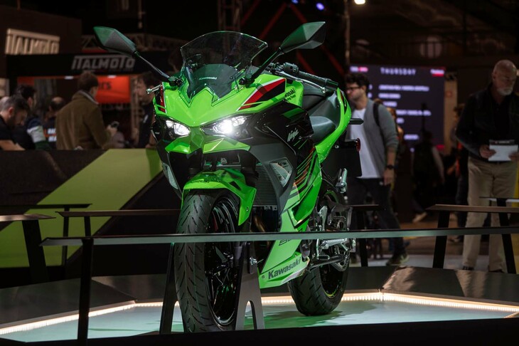 「ニンジャ」シリーズに新たに加わった「ニンジャ500」。新設計の451cc水冷並列2気筒エンジンを、250ccベースの軽量スリムなフレームにセットしている。スーパーバイク世界選手権などで戦うニンジャファミリーの、新しいスタイリングも採用された。