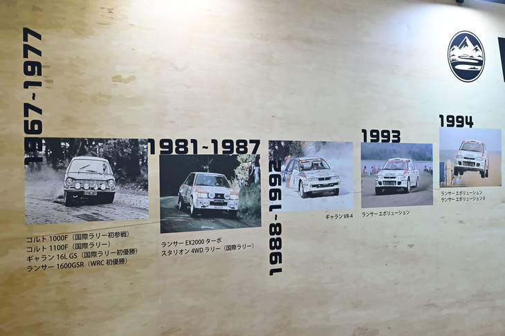 三菱のWRCの戦歴をまとめたパネル展示。