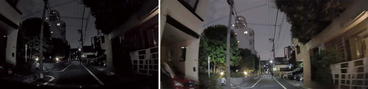 左が500万画素／ピクセルサイズが2.0μm角の映像、右が200万画素／2.9μm角の大きなピクセルサイズを持つSTARVISの映像。STARVISが光量が少なくても明るい映像が可能なのはピクセルサイズが大きいことが理由なのだ。