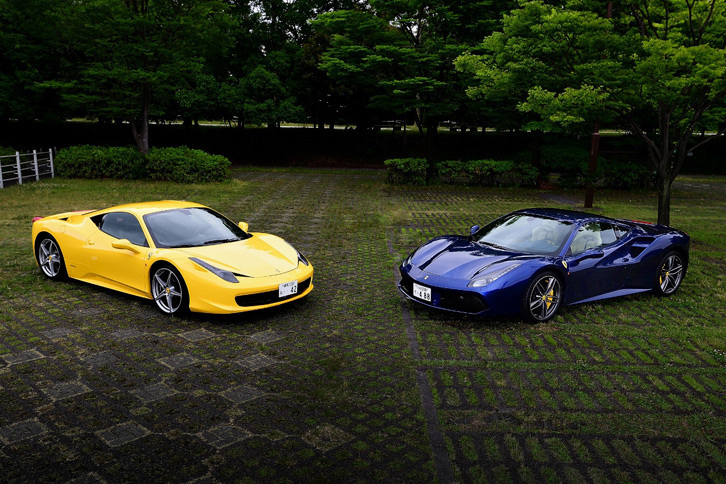 “憧れの女子アナ嫁”「458イタリア」（左）と“整形ブスの新人アナ”「488GTB」（右）との敵対図。似ているがよく見ると違いがわかる。（写真＝池之平昌信）