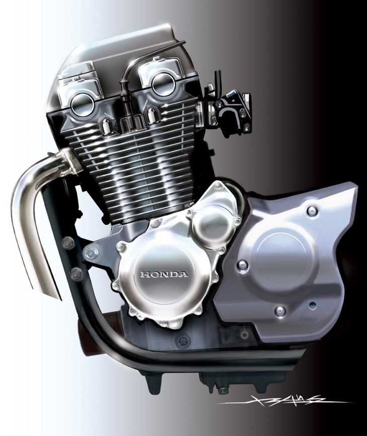 2010年2月のデビュー時に公開された、「ホンダCB1100」のエンジンのレンダリングイメージ。空冷ユニットならではの造形美を際立たせるべく、冷却フィンは厚みを2mmに抑えた奥行きのある形状とされた。