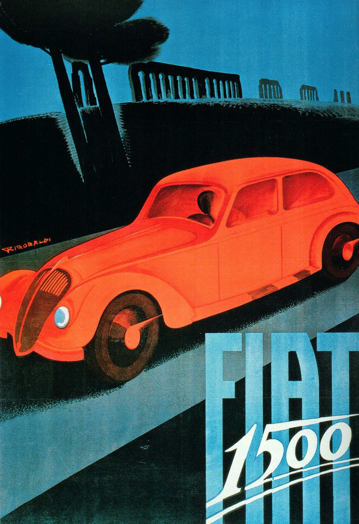 ジュゼッペ・リッコバルディの『フィアット1500』（1935年）。フィアットが採用したグラフィックデザインは、イタリア20世紀広告美術史に欠かせないものとなっている。