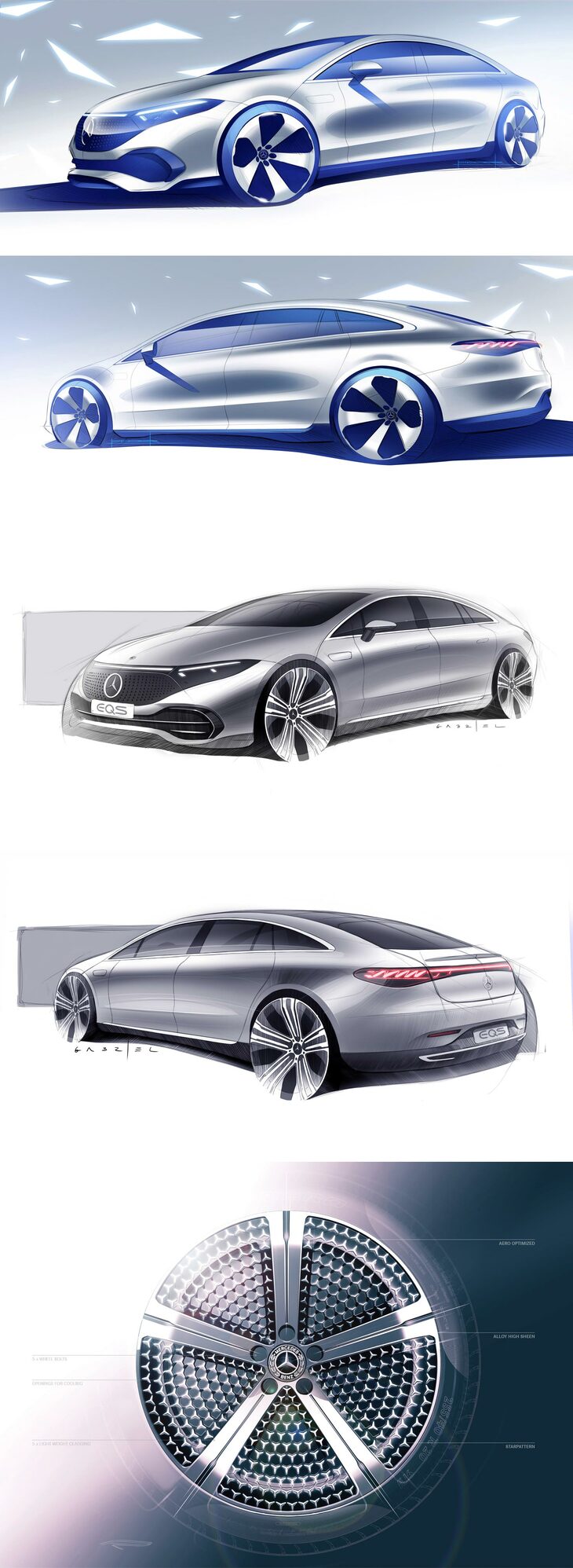 「メルセデス・ベンツEQS」のデザインスケッチ。　
	渕野「実際に使われるシーンが想像つかないというか、どういうお客さんへ向けたクルマなのか、ちょっとピンとこないんですよね……」