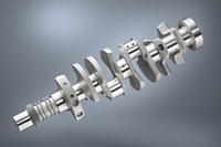 「M3」エンジンのクランクシャフト。単体で20kgという軽さが自慢。