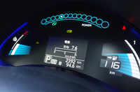 「魚市場食堂」到着時のメーターパネル。正面に表示されるのが平均電費。横浜市内をぐるぐる走りまわっていたときのそれは6.4kmその後は7.5km前後をキープした。