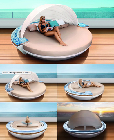 ブマットは、写真のようなスーパーヨット用の回転式サンベッド＆ソファも手がけている。