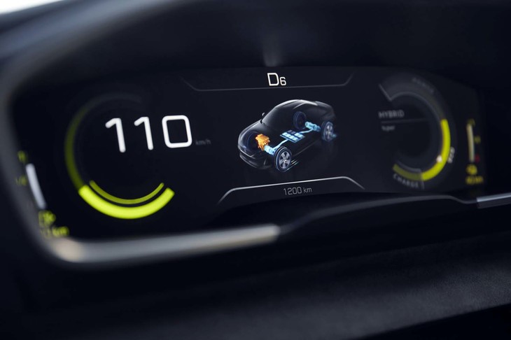 外装に見られるライムグリーンがポイントの「プジョースポールエンジニアード」専用液晶メーター。写真のように、エネルギーフローも表示される。