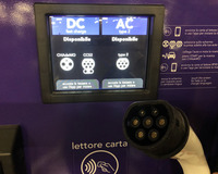 AC（タイプ2）コネクターと操作パネル。説明はイタリア語のみである。