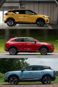 上から順に、先代「日産キックス」（写真：郡大二郎）、現行型「ホンダ・ヴェゼル」（写真：郡大二郎）、新型日産キックス（写真：向後一宏）。厚いフロントまわりに水平基調の姿勢、そして、やや後ろ下がりに見える新型キックスのイメージは、ヴェゼルを意識したものか？