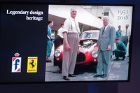 発表会のスライド資料から。写真右が、車名の由来となるバッティスタ・ピニンファリーナ（ピニンファリーナ創業者）で、左はエンツォ・フェラーリ。ピニンファリーナは2020年に創業90周年を迎える。