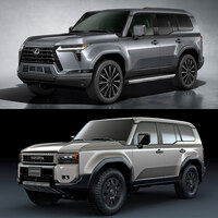 「レクサスGX」（上）と「トヨタ・ランドクルーザー“250”」（下）は、基本設計を共用する兄弟車だ。エクステリアを見ても、フロントマスクを除くと基本デザインに大きな差異はない。