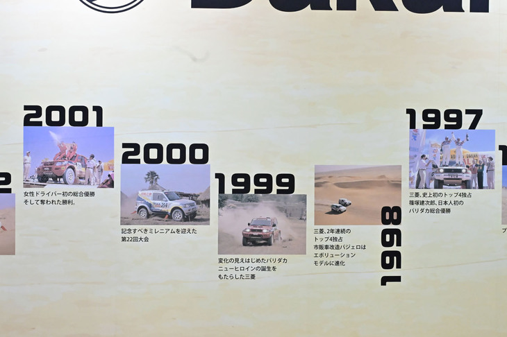 三菱のダカールラリーの戦歴をまとめたパネル展示（右から左へ時代が推移）。