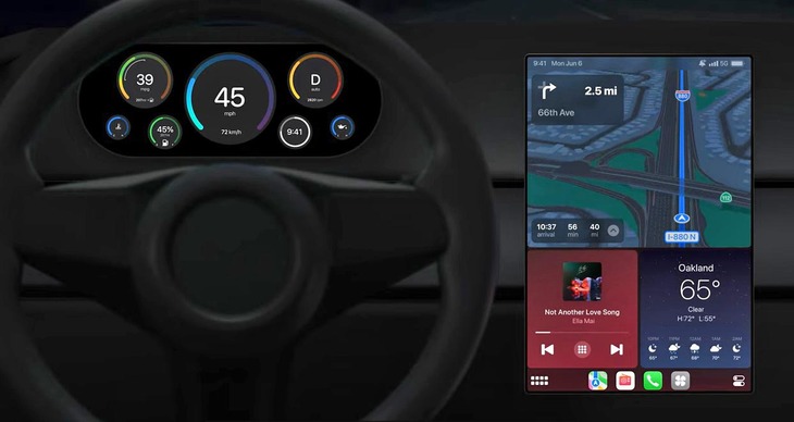 新たな「CarPlay」が、さまざまな車両のメーターやモニターにマッチすることを示すスライド資料。メータークラスター内のグラフィックもカスタマイズできる。