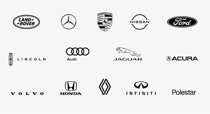 次世代型「CarPlay」を採用する予定があるとされる、14のメーカー／ブランド。資料左上から順に、ランドローバー、メルセデス・ベンツ、ポルシェ、日産、フォード、リンカーン、アウディ、ジャガー、アキュラ、ボルボ、ホンダ、ルノー、インフィニティ、ポールスター。