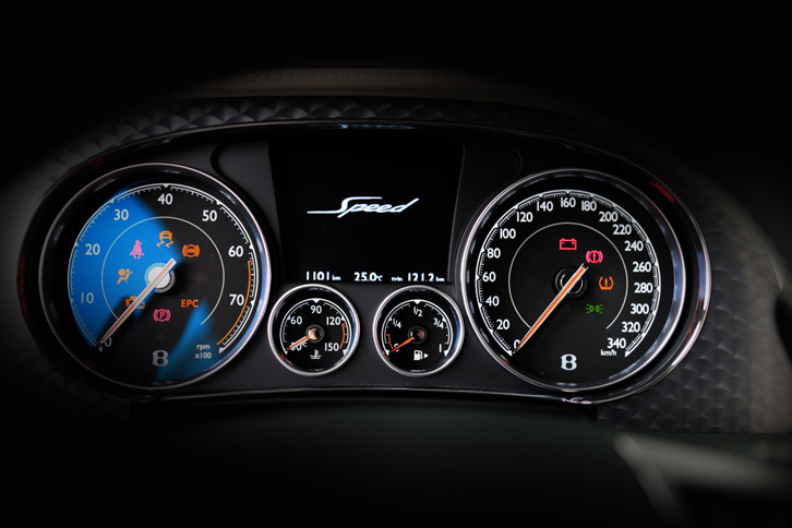 メーターはアナログ表示の4眼式で、中央にインフォメーションディスプレイが備わる。速度計の目盛りは340km/hまで刻まれている。