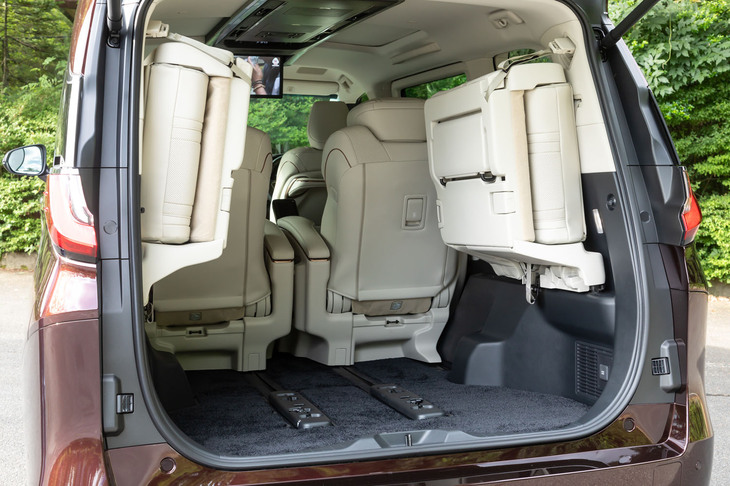 3列目の格納は手動でサイドにはね上げるタイプ。1500万円のクルマとしてはスマートではないが、実用には不満がない。