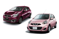 登録車では、量販が見込めるコンパクトカーの中にもテコ入れされずに放置されている車種が少なくない。写真は「日産マーチ」（右）と「三菱ミラージュ」（左）。