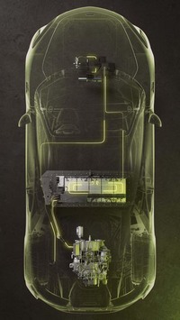透視図の中央に見えるのが、バッテリーのコンパートメント。それ自体が車体のクロスメンバーとしても機能する。
