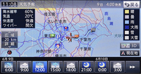 天気予報も通信を利用して取得。降雨エリアが地図上で色分けされている。降雨状況を反映したルート探索も可能。