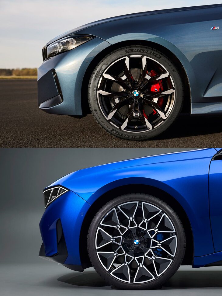225/40R19サイズ（外径：662.6mm）のフロントタイヤを履いた現行「3シリーズ」（上）と、245/35R21サイズ（外径：705.4mm）のフロントタイヤを履いた新型「i3」の“横顔”。後者はボディーのボリュームが大きいので、大径のタイヤを履かせてデザインのバランスをとったきらいがある。