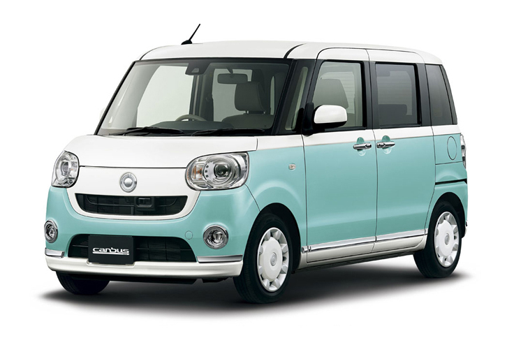 ダイハツが幅広い世代で使いやすい軽自動車を目指して開発した、新感覚スタイルワゴン「ムーヴ キャンバス」。写真のグレードは「G“メイクアップSA II”」で、「ストライプスカラー」と名付けられたツートンカラーのモデル。