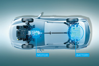 モーターはCVTに内蔵されており、プライマリープーリーから動力を伝達。バッテリーはラゲッジスペースの床下に搭載されており、車内空間への干渉を極力抑えている。