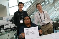 アートセンター・カレッジ・オブ・デザインのスタンドで。前列でイラストを手にするのが、マカオからやってきた「キットカット」君。未来のデザイン担当副社長か。