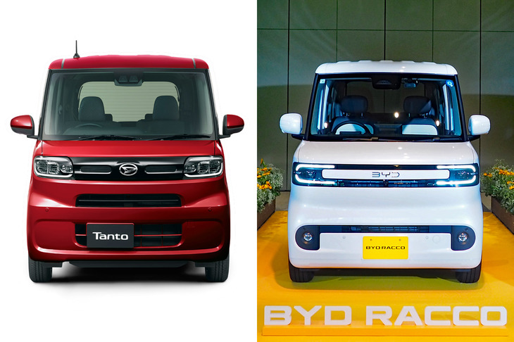「BYDラッコ」（写真右）と「ダイハツ・タント」（同左）のフロントマスク。　
	渕野「ラッコのフロントマスクの構成は、タントにかなり近いんですよ」　
	ほった「これはまた、インターネットの深層に住まうパクリ警察の皆さんが盛り上がりそうですな」