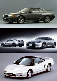 上から順に、「日産スカイラインGT-R」（1989年）に「日産GT-R」（2007年）、初代「ホンダNSX」（1990年）。　
	清水「果たして『トヨタGR GT』や新型『レクサスLFA』は、GT-RやNSXみたいな伝説になれるのだろうか……？」