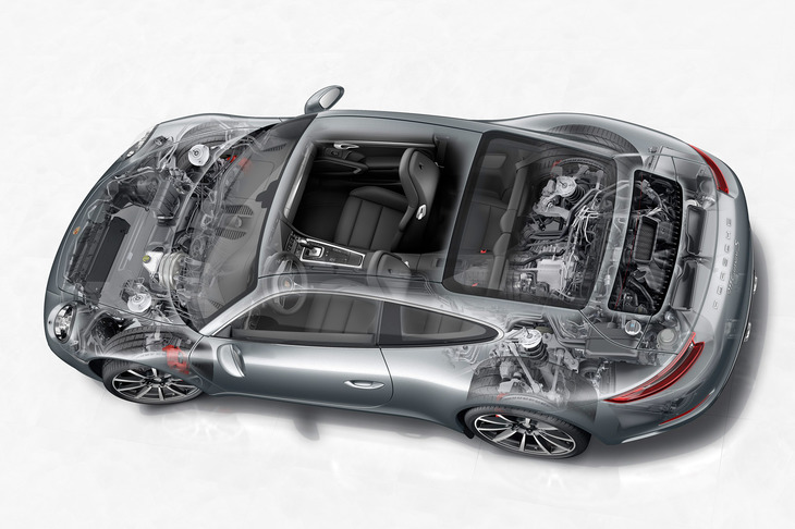 “タイプ991”こと現行型「911」の透視図（写真は「カレラS」）。アッハライトナー氏いわく、「現行型は電動化に使えるスペースがない」とのことだったが……。