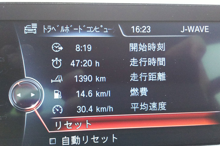 クリさんの「320dラグジュアリー」のトラベルボードコンピュータの表示。1390km走行後の燃費は14.6km/リッターをマーク。