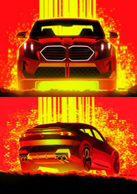 「BMW X2」のデザインスケッチ。 
	清水「なんだか、スゴいことになっちゃってるね」　
	ほった「『ドラゴンボール』で悟空がブチ切れたときみたいですね」